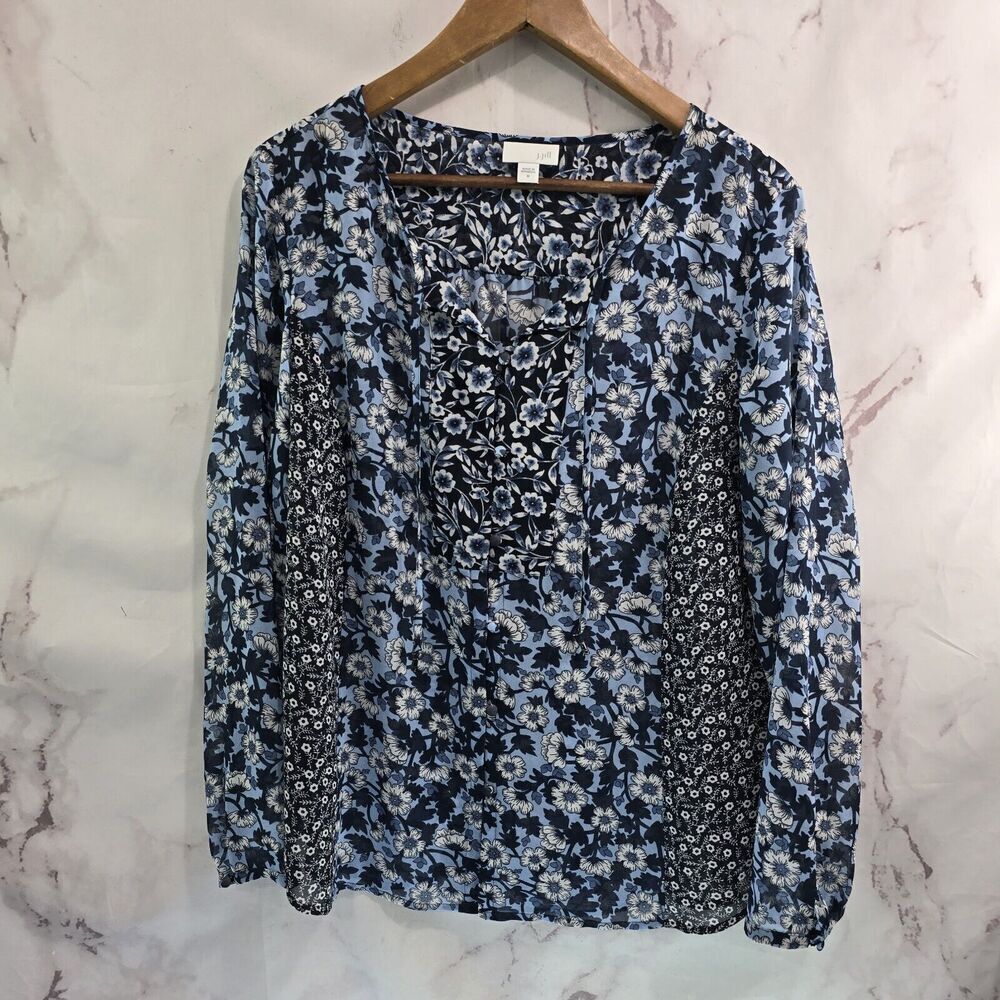 J Jill Shirt Women Medium Blue White Floral Button Blouse V Neck Popover